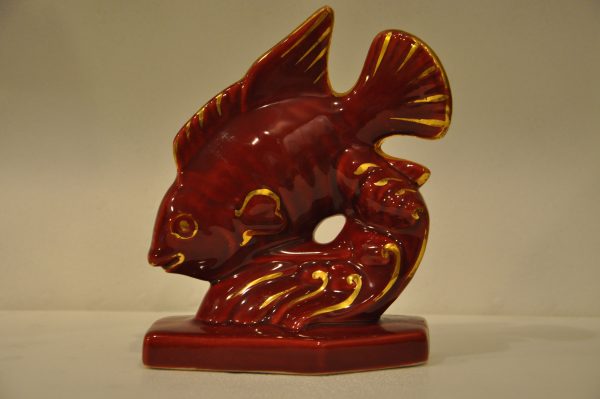 Poisson en céramique bordeaux et or,  annèes 50
