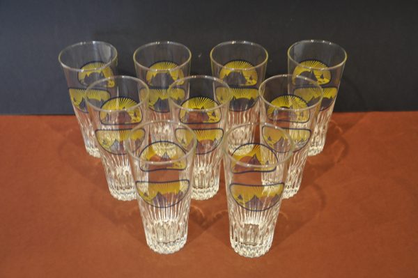 lot de 9 Verres à pastis  ou à anisette,  décor bateau bleu  et soleil  jaune – Image 3